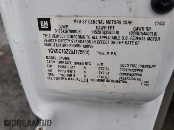 2005 GMC Yukon XL SLE z VIN 1GKEC16Z25J175610, wystawiony jako Copart lot #51051785 z przebiegiem 271 619 mil mil oraz Szkoda całkowita • Salvage title. Historia ofert i sprzedaży dostępna na DreamBid. Obrazek 13.