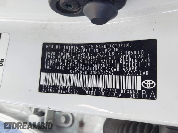 2016 Toyota Corolla L z VIN 5YFBURHE8GP532792, wystawiony jako IAAI lot #41820276 z przebiegiem 43 764 mil mil oraz . Historia ofert i sprzedaży dostępna na DreamBid. Obrazek 9.