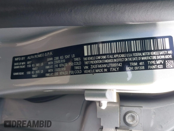 2018 Alfa Romeo Stelvio z VIN ZASFAKAN1J7B89142, wystawiony jako IAAI lot #42192248 z przebiegiem Nie podano mil oraz . Historia ofert i sprzedaży dostępna na DreamBid. Obrazek 9.