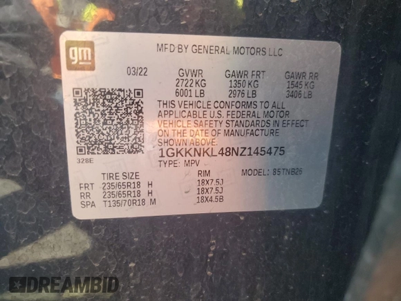 2022 GMC Acadia SLE with VIN 1GKKNKL48NZ145475, listed as a Copart auction lot 57472905 with 44,981 mi miles and Salvage title. Bid and sale history available at DreamBid. Image 13.