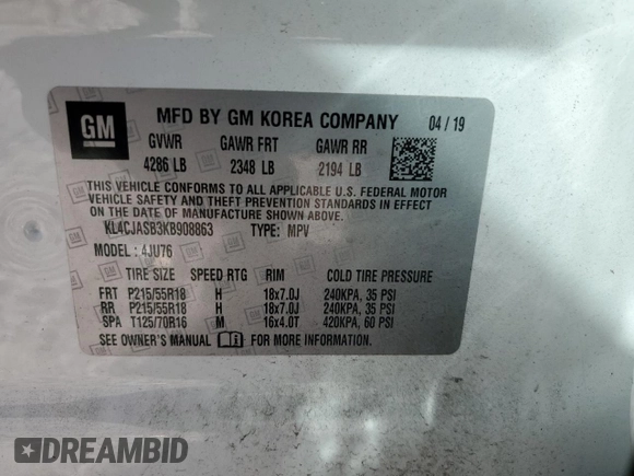 2019 Buick Encore Preferred with VIN KL4CJASB3KB908863, listed as a Copart auction lot 48431425 with 103,402 mi miles and Salvage Title. Bid and sale history available at DreamBid. Image 13.