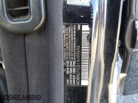 2001 Mercedes-Benz S-Class with VIN WDBNG70J61A199696, listed as a Copart auction lot 46324395 with 0 mi miles and Salvage Title. Bid and sale history available at carsss.com. Image 15.