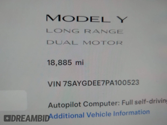 2023 Tesla Model Y Long Range with VIN 7SAYGDEE7PA100523, listed as a IAAI auction lot 40399455 with 18,885 mi miles and . Bid and sale history available at DreamBid. Image 15.