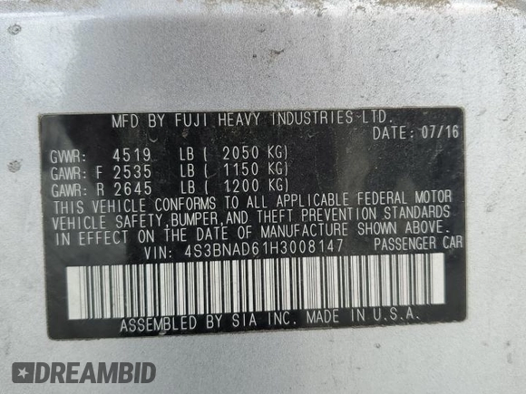 2017 Subaru Legacy Premium with VIN 4S3BNAD61H3008147, listed as a Copart auction lot 50830845 with 50,593 mi miles and Salvage title. Bid and sale history available at DreamBid. Image 15.