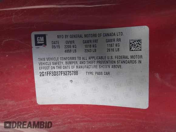 2015 Chevrolet Camaro LT with VIN 2G1FF3D37F9275788, listed as a IAAI auction lot 41109936 with 87,198 mi miles. Bid and sale history available at carsss.com. Image 9.
