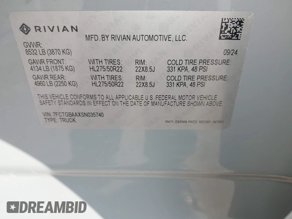 2025 Rivian R1T Adventure z VIN 7FCTGBAAXSN035740, wystawiony jako IAAI lot #41728515 z przebiegiem 3 773 mil mil oraz . Historia ofert i sprzedaży dostępna na DreamBid. Obrazek 9.