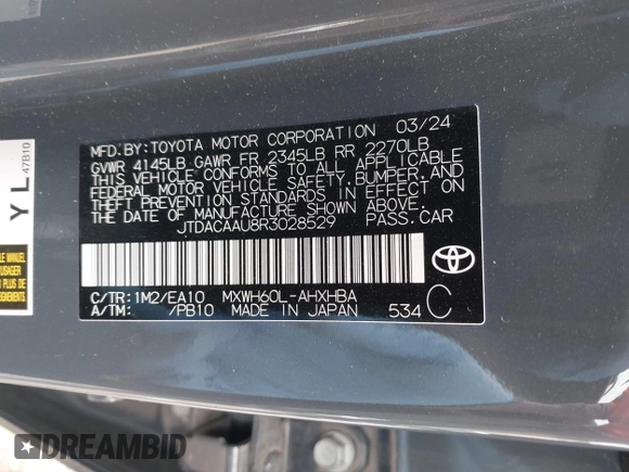 2024 Toyota Prius LE with VIN JTDACAAU8R3028529, listed as a IAAI auction lot 42079826 with 7,849 mi miles and . Bid and sale history available at DreamBid. Image 9.
