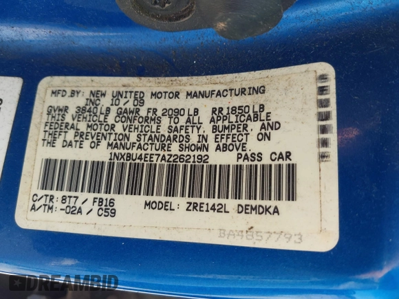 2010 Toyota Corolla with VIN 1NXBU4EE7AZ262192, listed as a IAAI auction lot 41695999 with 1 mi miles. Bid and sale history available at carsss.com. Image 9.