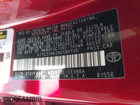 2022 Toyota Camry Hybrid LE with VIN 4T1C31AK3NU590135, listed as a IAAI auction lot 41620161 with 22,585 mi miles. Bid and sale history available at carsss.com. Image 9.