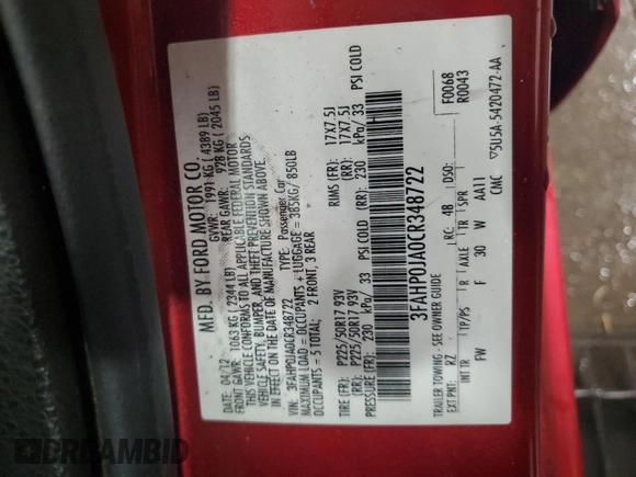 2012 Ford Fusion SEL with VIN 3FAHP0JA0CR348722, listed as a Copart auction lot 53050455 with 0 mi miles and Non Repairable. Bid and sale history available at carsss.com. Image 13.