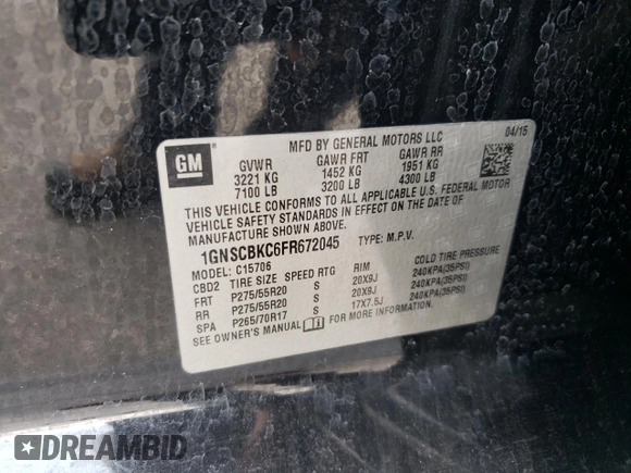 2015 Chevrolet Tahoe LT с VIN 1GNSCBKC6FR672045, выставлен на аукционе Copart как лот 56657825 с пробегом 96 871 миль миль и Списание • Salvage title. История ставок и продаж доступна на DreamBid. Изображение 13.