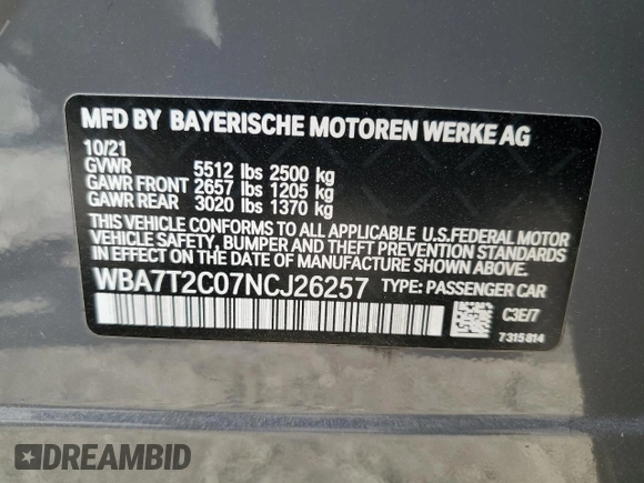 2022 BMW 7 Series 740i with VIN WBA7T2C07NCJ26257, listed as a Copart auction lot 41763095 with Not provided miles and Salvage title. Bid and sale history available at DreamBid. Image 15.
