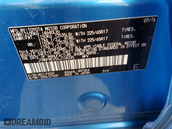 2016 Toyota RAV4 LE with VIN JTMBFREV5GJ104245, listed as a Copart auction lot 56658985 with 87,549 mi miles and Salvage Title. Bid and sale history available at DreamBid. Image 13.