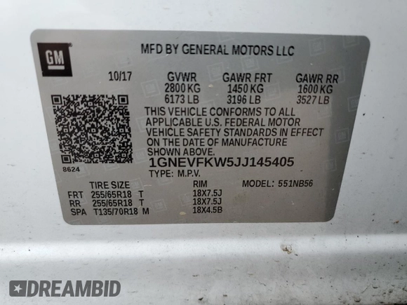 2018 Chevrolet Traverse LS with VIN 1GNEVFKW5JJ145405, listed as a Copart auction lot 71058774 with 129,885 mi miles and Salvage Title. Bid and sale history available at carsss.com. Image 13.