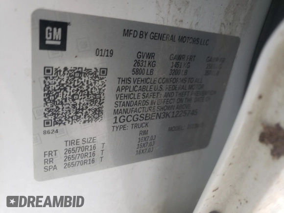 2019 Chevrolet Colorado 2WD Work Truck z VIN 1GCGSBEN3K1225745, wystawiony jako Copart lot #87800275 z przebiegiem 38 689 mil mil oraz Szkoda całkowita • Salvage title. Historia ofert i sprzedaży dostępna na DreamBid. Obrazek 14.