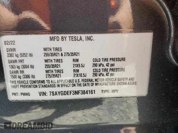 2022 Tesla Model Y Performance with VIN 7SAYGDEF3NF384161, listed as a Copart auction lot 59989145 with 12,731 mi miles and Salvage title. Bid and sale history available at DreamBid. Image 12.