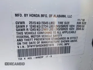 2019 Honda Pilot Touring 8-Passenger z VIN 5FNYF5H93KB021978, wystawiony jako IAAI lot #41915333 z przebiegiem 82 676 mil mil oraz . Historia ofert i sprzedaży dostępna na DreamBid. Obrazek 9.