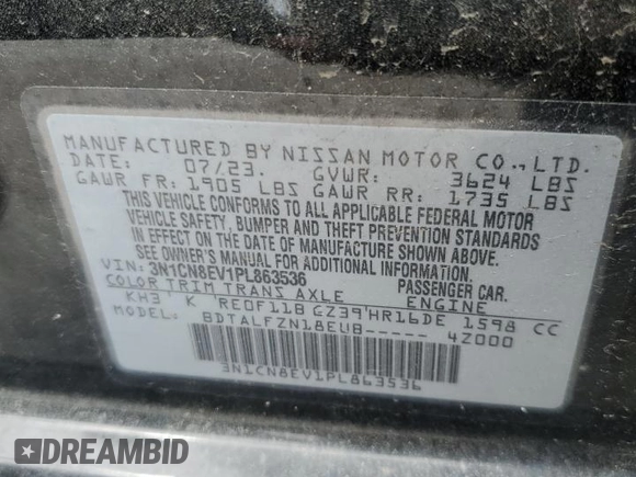 2023 Nissan Versa SV z VIN 3N1CN8EV1PL863536, wystawiony jako Copart lot #55695415 z przebiegiem 20 197 mil mil oraz Szkoda całkowita • Salvage title. Historia ofert i sprzedaży dostępna na DreamBid. Obrazek 12.