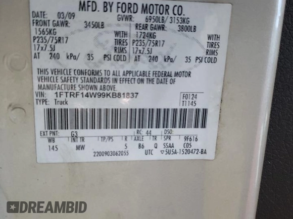 2009 Ford F-150 XL z VIN 1FTRF14W99KB81837, wystawiony jako Copart lot #48488825 z przebiegiem 101 318 mil mil oraz Szkoda całkowita • Salvage title. Historia ofert i sprzedaży dostępna na DreamBid. Obrazek 14.