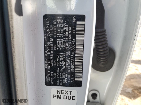 2019 Hyundai Kona Limited with VIN KM8K3CA58KU380742, listed as a Copart auction lot 76510664 with 60,852 mi miles and Salvage Title. Bid and sale history available at carsss.com. Image 12.