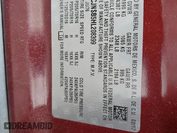 2017 Chevrolet Trax LS with VIN 3GNCJNSB5HL208399, listed as a Copart auction lot 52690765 with 0 mi miles and Clean Title. Bid and sale history available at carsss.com. Image 13.