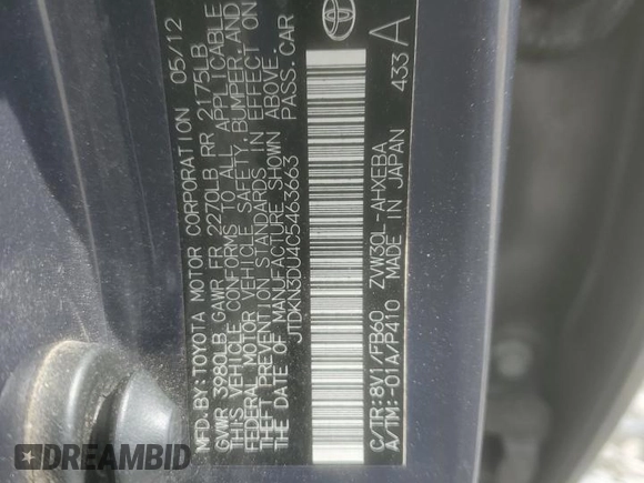 2012 Toyota Prius One with VIN JTDKN3DU4C5463663, listed as a Copart auction lot 53476965 with 185,962 mi miles and Salvage Title. Bid and sale history available at DreamBid. Image 12.