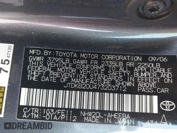 2007 Toyota Prius with VIN JTDKB20U473203712, listed as a IAAI auction lot 41937290 with 192,795 mi miles and . Bid and sale history available at carsss.com. Image 9.