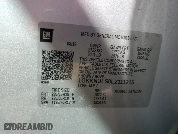 2020 GMC Acadia SLT z VIN 1GKKNULS0LZ111215, wystawiony jako Copart lot #54227235 z przebiegiem 39 406 mil mil oraz Szkoda całkowita • Salvage title. Historia ofert i sprzedaży dostępna na DreamBid. Obrazek 13.