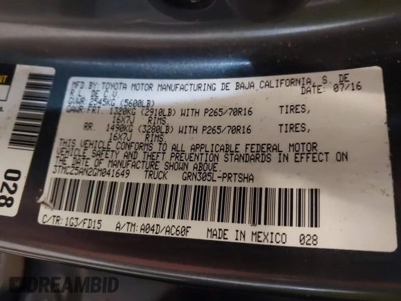 2016 Toyota Tacoma SR with VIN 3TMCZ5AN2GM041649, listed as a IAAI auction lot 41758859 with 139,558 mi miles and . Bid and sale history available at DreamBid. Image 9.