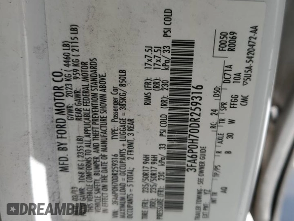 2013 Ford Fusion SE with VIN 3FA6P0H70DR259316, listed as a Copart auction lot 53528585 with 241,736 mi miles and Clean Title. Bid and sale history available at carsss.com. Image 13.