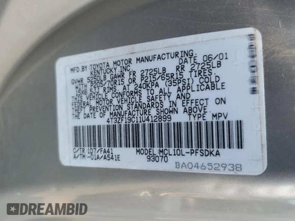 2001 Toyota Sienna CE with VIN 4T3ZF19C11U412899, listed as a Copart auction lot 70303244 with 190,025 mi miles and Salvage Title. Bid and sale history available at DreamBid. Image 13.