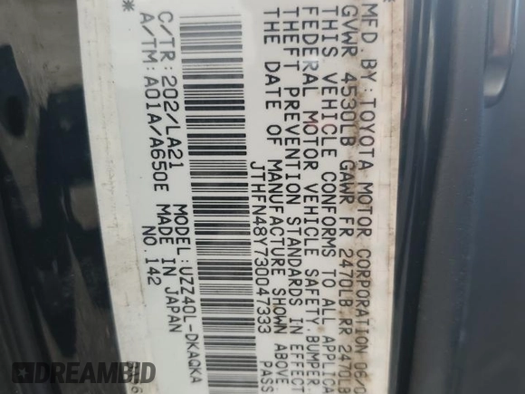 2003 Lexus SC 430 with VIN JTHFN48Y730047333, listed as a Copart auction lot 52112085 with 106,750 mi miles and Salvage title. Bid and sale history available at DreamBid. Image 13.