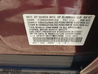 2007 Honda Pilot LX with VIN 5FNYF18177B017698, listed as a IAAI auction lot 41995853 with 192,923 mi miles. Bid and sale history available at carsss.com. Image 9.