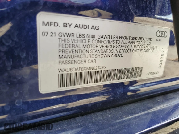 2021 Audi A8 with VIN WAU8DAF8XMN027495, listed as a Copart auction lot 50395145 with 19,508 mi miles and Salvage Title. Bid and sale history available at carsss.com. Image 12.