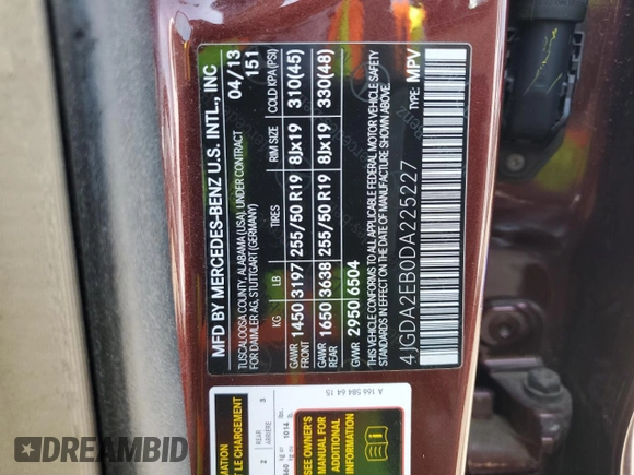 2013 Mercedes-Benz M 350 z VIN 4JGDA2EB0DA225227, wystawiony jako Copart lot #55171875 z przebiegiem 206 574 mil mil oraz Szkoda całkowita • Salvage title. Historia ofert i sprzedaży dostępna na DreamBid. Obrazek 12.