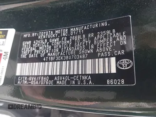 2011 Toyota Camry LE z VIN 4T1BF3EK3BU703487, wystawiony jako IAAI lot #42112553 z przebiegiem 133 063 mil mil oraz . Historia ofert i sprzedaży dostępna na DreamBid. Obrazek 9.