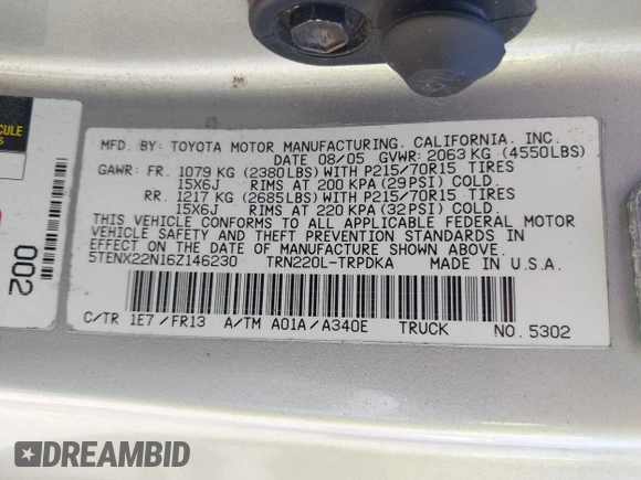 2006 Toyota Tacoma with VIN 5TENX22N16Z146230, listed as a IAAI auction lot 42663040 with 280,274 mi miles and . Bid and sale history available at DreamBid. Image 9.