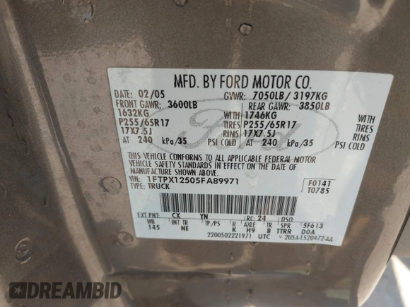 2005 Ford F-150 XLT с VIN 1FTPX12505FA89971, выставлен на аукционе IAAI как лот 42552648 с пробегом Не указан миль и . История ставок и продаж доступна на DreamBid. Изображение 9.