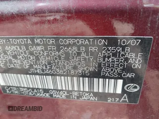 2008 Lexus ES 330 z VIN JTHBJ46G382187315, wystawiony jako IAAI lot #42491535 z przebiegiem 213 610 mil mil oraz . Historia ofert i sprzedaży dostępna na DreamBid. Obrazek 9.