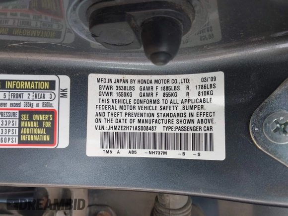 2010 Honda Insight EX with VIN JHMZE2H71AS008487, listed as a IAAI auction lot 42533409 with 95,765 mi miles and . Bid and sale history available at DreamBid. Image 9.