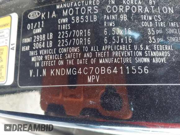 2011 Kia Sedona LX with VIN KNDMG4C70B6411556, listed as a IAAI auction lot 41768777 with 124,180 mi miles. Bid and sale history available at carsss.com. Image 9.
