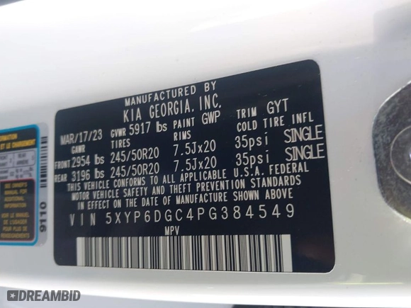 2023 Kia Telluride S with VIN 5XYP6DGC4PG384549, listed as a IAAI auction lot 41141392 with 43,916 mi miles. Bid and sale history available at carsss.com. Image 9.