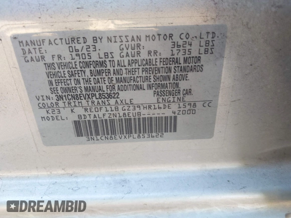 2023 Nissan Versa SV with VIN 3N1CN8EVXPL853622, listed as a IAAI auction lot 42863888 with 52,084 mi miles and . Bid and sale history available at DreamBid. Image 9.