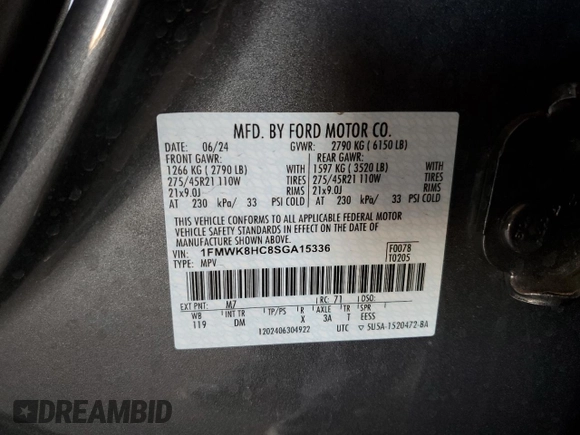 2025 Ford Explorer Platinum with VIN 1FMWK8HC8SGA15336, listed as a Copart auction lot 86760074 with 3,015 mi miles and Salvage title. Bid and sale history available at DreamBid. Image 14.