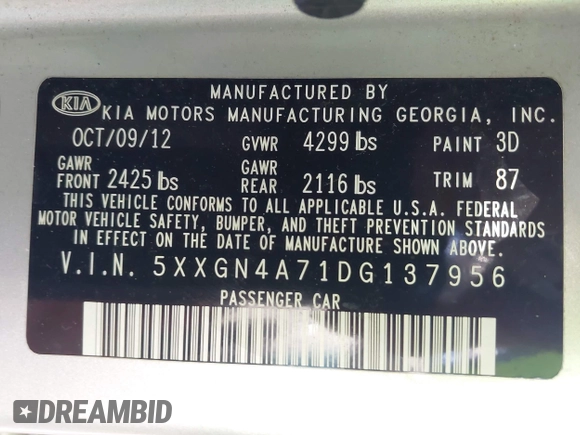 2013 Kia Optima EX with VIN 5XXGN4A71DG137956, listed as a IAAI auction lot 42391786 with 175,633 mi miles and . Bid and sale history available at DreamBid. Image 9.
