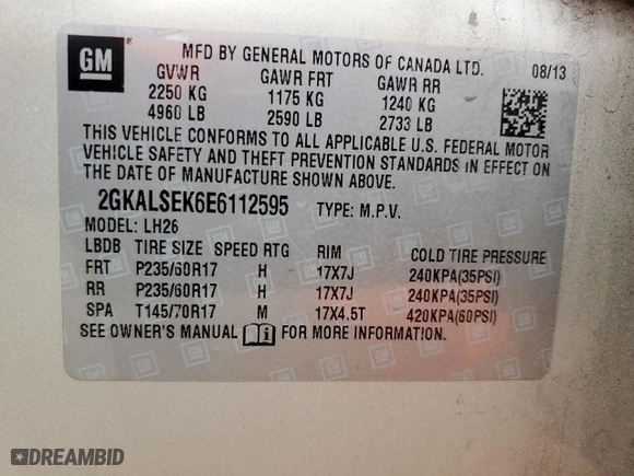 2014 GMC Terrain SLT with VIN 2GKALSEK6E6112595, listed as a Copart auction lot 49356015 with 109,660 mi miles and Salvage Title. Bid and sale history available at carsss.com. Image 13.