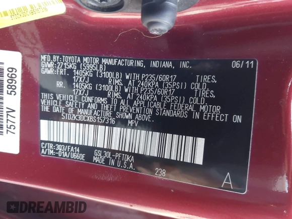 2011 Toyota Sienna with VIN 5TDZK3DCXBS157316, listed as a IAAI auction lot 41240896 with 117,437 mi miles. Bid and sale history available at carsss.com. Image 9.