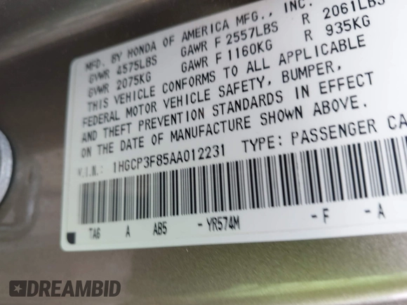 2010 Honda Accord EX-L with VIN 1HGCP3F85AA012231, listed as a IAAI auction lot 41968285 with 196,358 mi miles and . Bid and sale history available at DreamBid. Image 9.