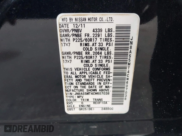 2012 Nissan Rogue S with VIN JN8AS5MT4CW607038, listed as a IAAI auction lot 41878266 with 118,695 mi miles and . Bid and sale history available at DreamBid. Image 9.
