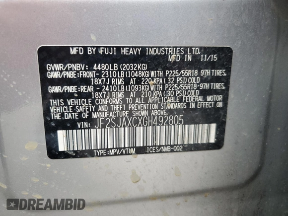 2016 Subaru Forester 2.5i Touring with VIN JF2SJAXCXGH492805, listed as a Copart auction lot 43005745 with 168,105 mi miles and Salvage Title. Bid and sale history available at carsss.com. Image 13.